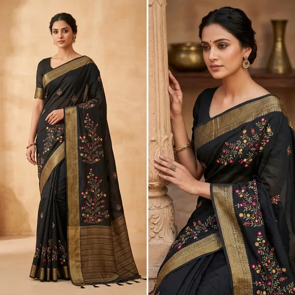 Embroidered_Black_Pure_Dola_Silk_Saree_With_Golden_Floral_Design_And_Striped_Border