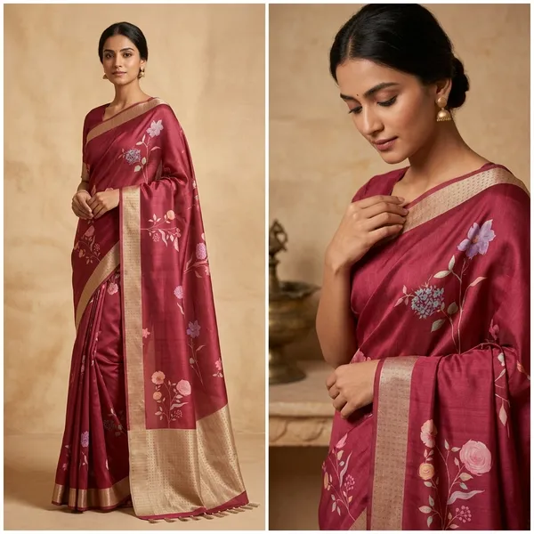 Red_Raw_Silk_Saree_With_Floral_Print_And_Beige_Border
