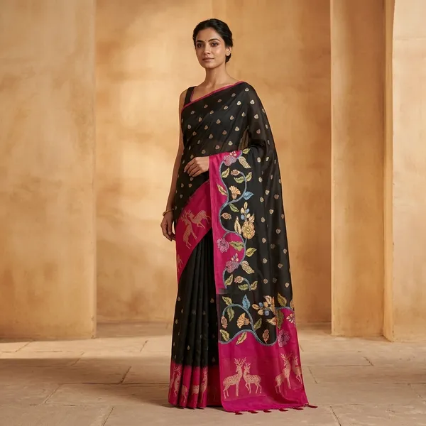 Black_Banarasi_Munga_Soft_Silk_Saree_With_Golden_Floral_Border_And_Pink_Deer_Motif_Pallu