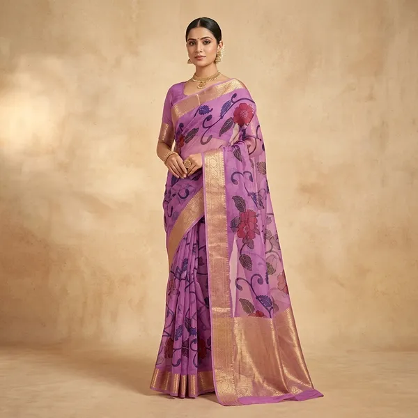 Purple_Pure_Organza_Silk_Floral_Printed_Saree_With_Banarasi_Border
