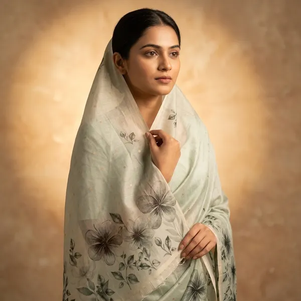 Elegant_Floral_Print_Raw_Silk_Saree_With_Tassels