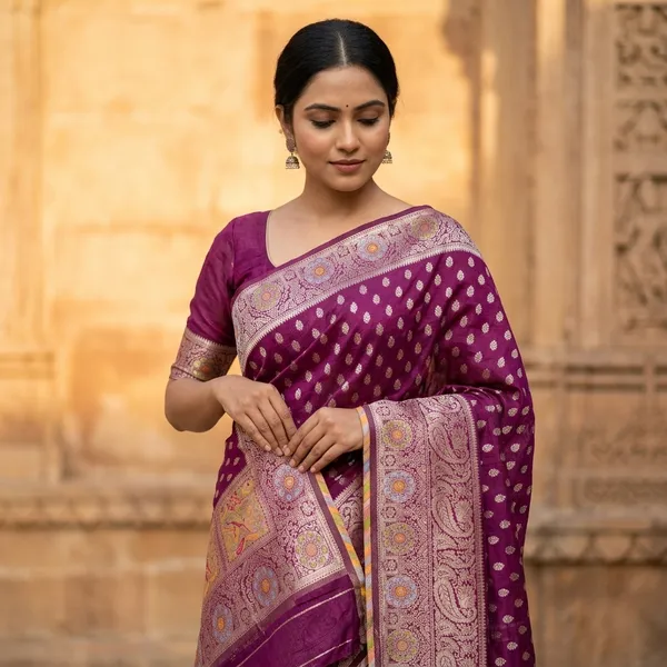 Magenta_Banarasi_Kota_Silk_Saree_With_Silver_Zari_Work_And_Floral_Motifs