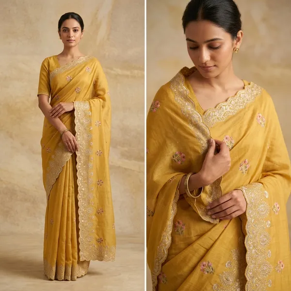 Yellow_Embroidered_Pure_Handloom_Tussar_Silk_Saree_With_Floral_Peeta_Work