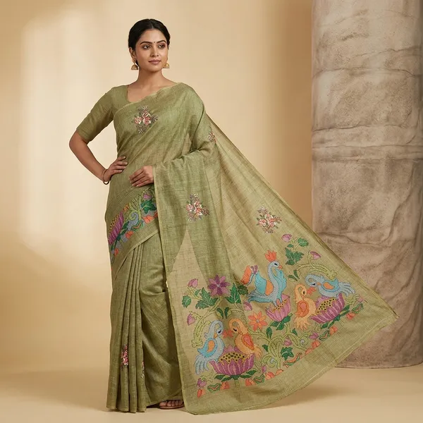 Green_Matka_Silk_Fabric_With_Floral_Bird_Hand_Embroidery_Saree