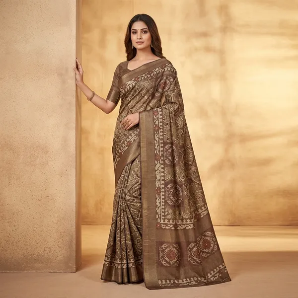 Brown_And_Gold_Ajrakh_Printed_Saree_With_Mirror_Work