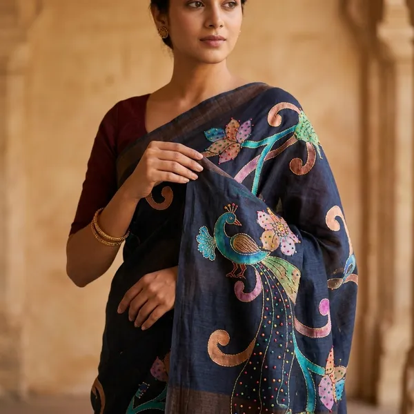 Hand-Embroidered_Pure_Handloom_Tussar_Silk_Saree_With_Peacock_Motif_-
