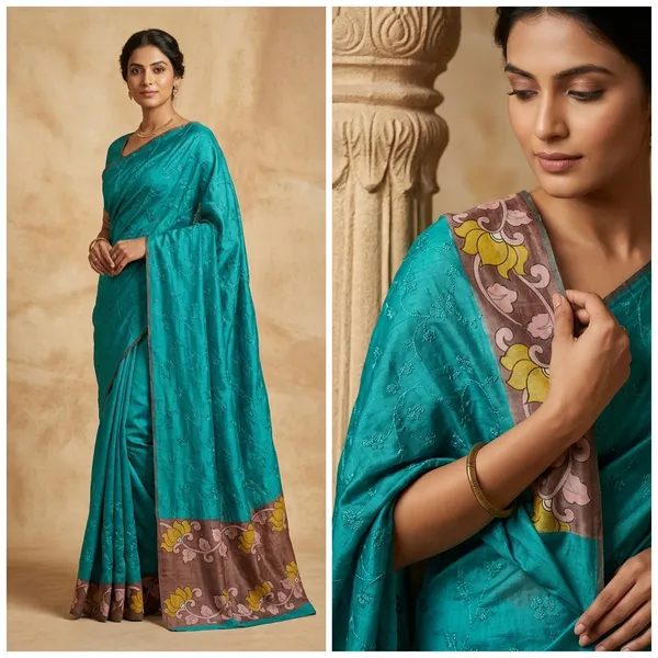 Turquoise_Embroidered_Pure_Handloom_Tussar_Saree_With_Floral_Kalamkari_Border