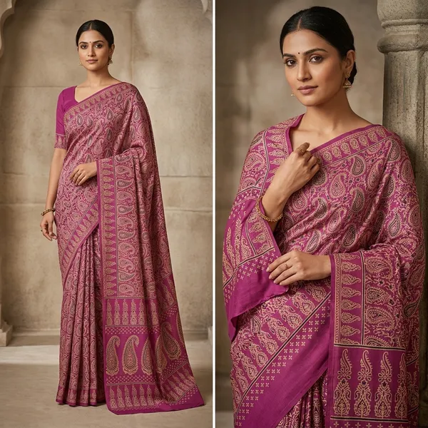 Pink_Paisley_Print_Modal_Cotton_Saree_With_Traditional_Border