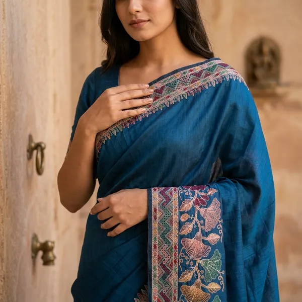 Elegant_Embroidered_Blue_Raw_Tussar_Silk_Saree