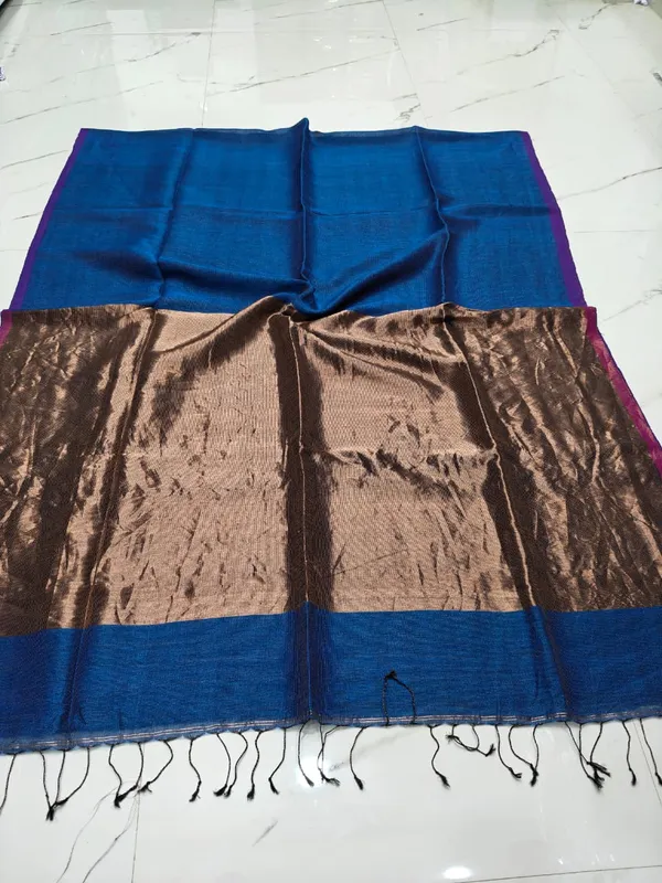 Blue_And_Gold_Traditional_Pure_Linen_Silk_Saree_With_Purple_Border