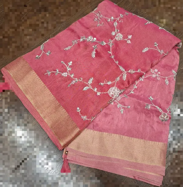 Pink_Pure_Munga_Soft_Silk_Saree_With_Silver_Floral_Embroidery_And_Golden_Benarasi_Border