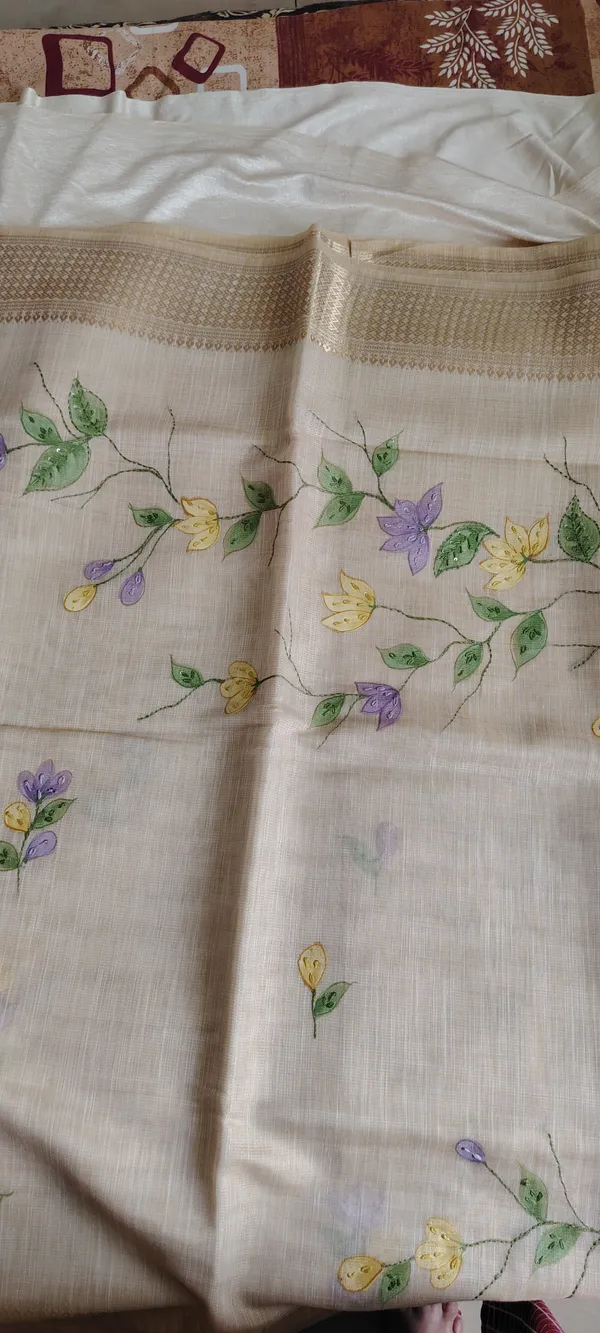 Beige_Khadi_Silk_Hand_Embroidered_Floral_Hand_Painted_Saree