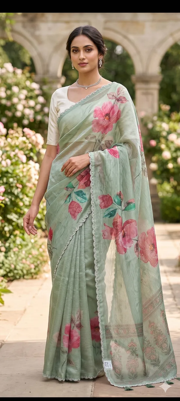 Floral_Printed_Tissue_Organza_Saree_With_Moti_Beads_Border_-_Turquoise_Blue