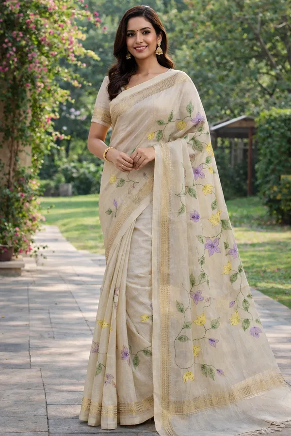 Beige_Khadi_Silk_Hand_Embroidered_Floral_Hand_Painted_Saree