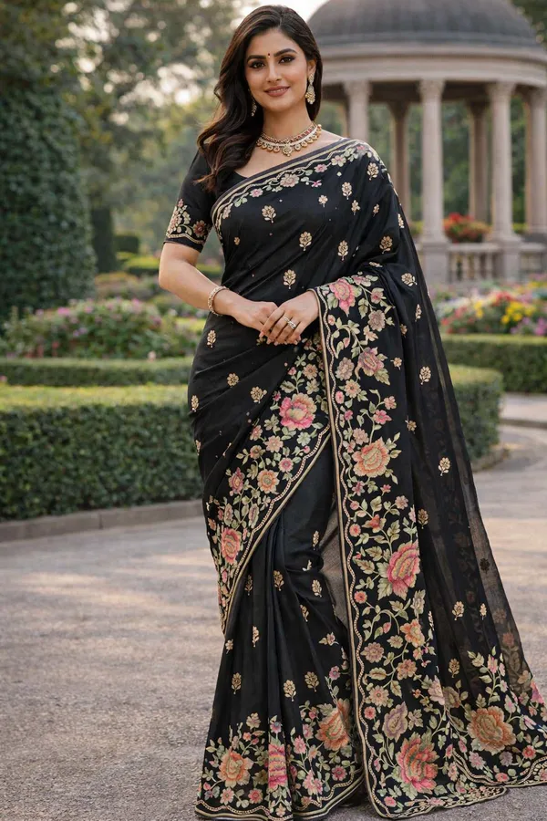 Black_Embroidered_Pure_Matka_Silk_With_Multicolor_Flowers