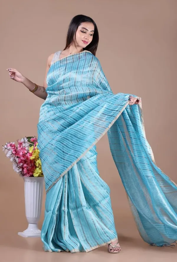 Sky_Blue_Pure_Linen_Silk_Striped_Saree_With_Silver_Border