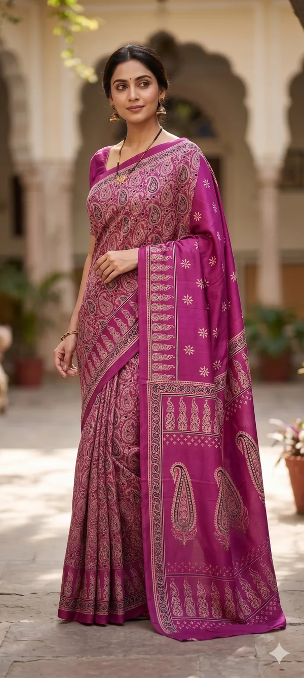 Pink_Paisley_Print_Modal_Cotton_Saree_With_Traditional_Border