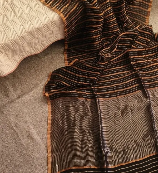 Golden_Striped_Chocolate_Brown_Handloom_Linen_Silk_Saree_-_Festive_&_Wedding_Wear