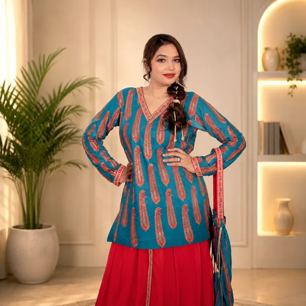 Turquoise_Blue_&_Red_Women_Embroidered_Ethnic_Kurti_With_Red_Sharara_Set