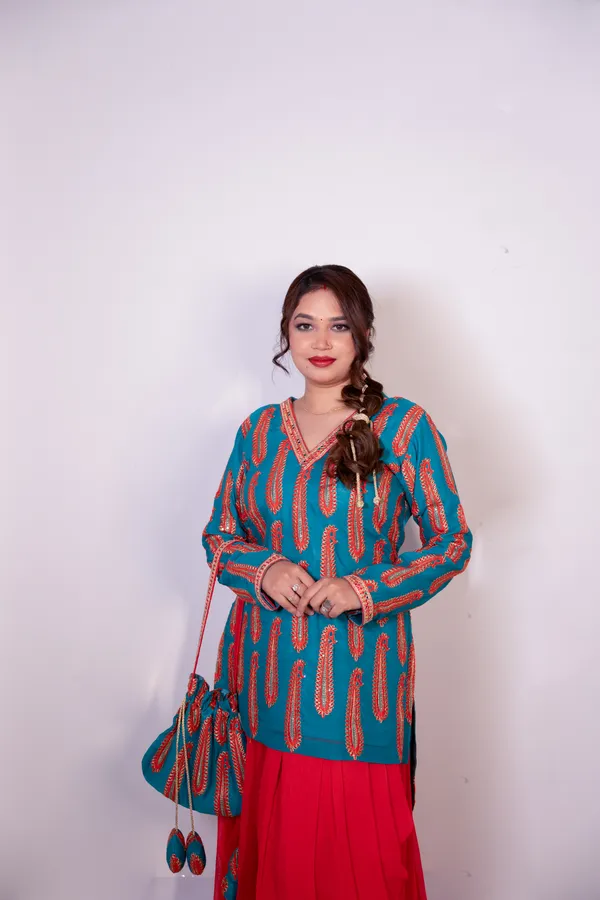 Turquoise_Blue_&_Red_Women_Embroidered_Ethnic_Kurti_With_Red_Sharara_Set