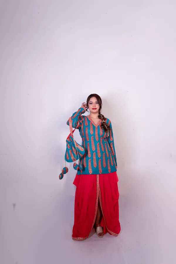 Turquoise_Blue_&_Red_Women_Embroidered_Ethnic_Kurti_With_Red_Sharara_Set