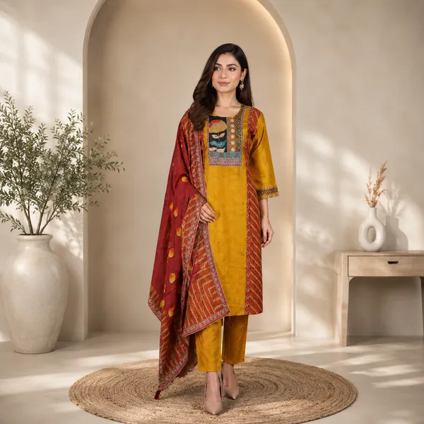 Mustard_Yellow_Ethnic_Suit_Set_With_Embroidered_Yoke_And_Printed_Dupatta