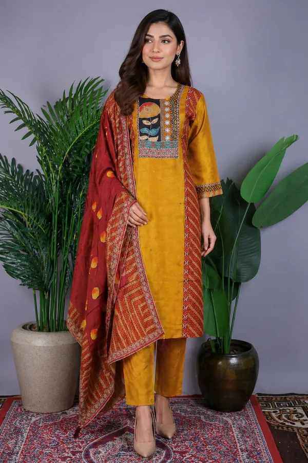 Mustard_Yellow_Ethnic_Suit_Set_With_Embroidered_Yoke_And_Printed_Dupatta