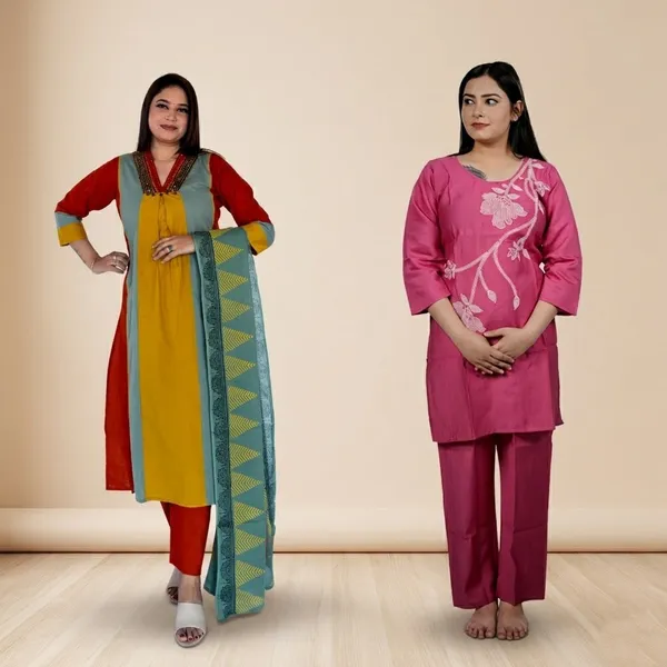 Multicolour_Ethnic_Kurti_With_Dupatta_Set_And_Women_Embroidered_Cotton_Kurta_Pajama_Set_Combo_Pack_Of_2