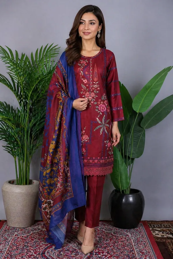 Maroon_&_Blue_Women_Embroidered_Pakistani_Style_Suit_With_Blue_Dupatta_3_Piece_Unstitched_Fabric_Set