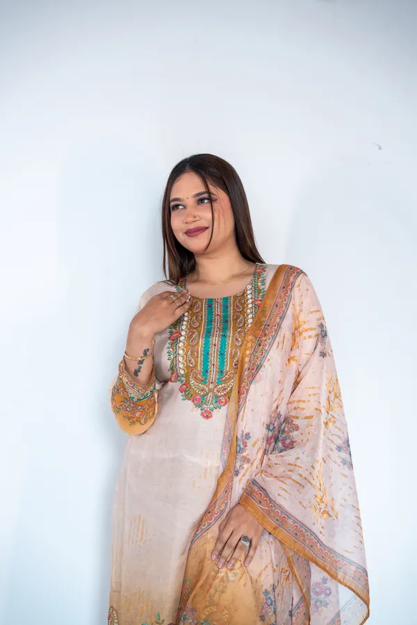 Peach_&_Mustard_Yellow_Elegant_Floral_Embroidered_Ethnic_Suit_Set_With_Dupatta