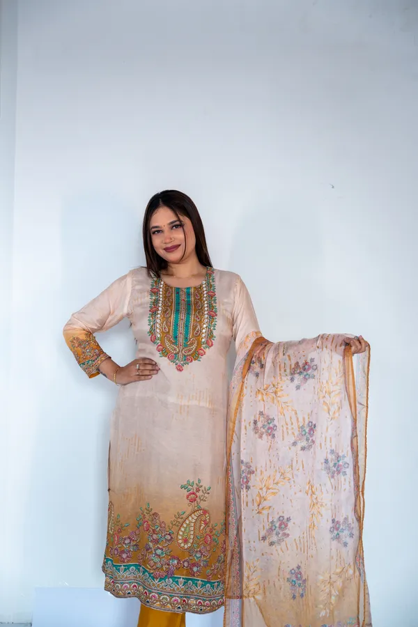 Peach_&_Mustard_Yellow_Elegant_Floral_Embroidered_Ethnic_Suit_Set_With_Dupatta