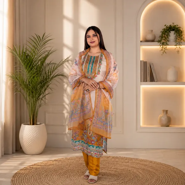 Peach_&_Mustard_Yellow_Elegant_Floral_Embroidered_Ethnic_Suit_Set_With_Dupatta