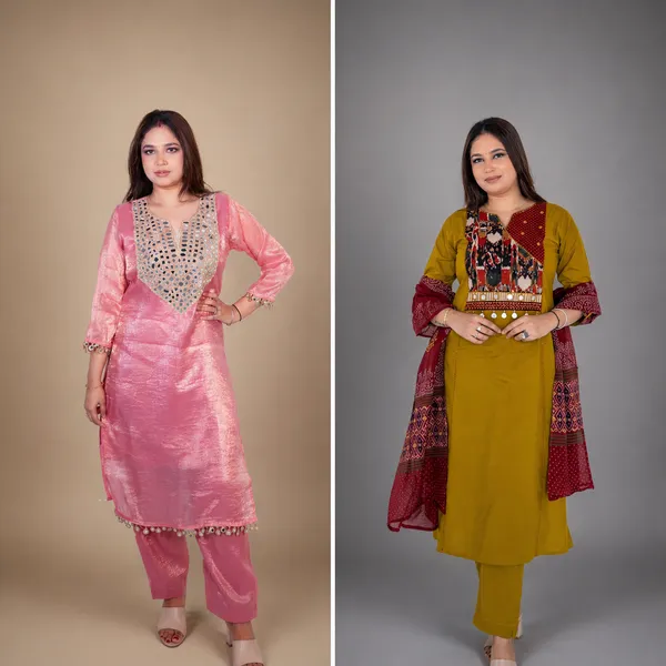 Embellished_Silk_Kurta_Set_With_Dupatta_And_Ethnic_Kurta_Set_With_Ajrakh_Printed_Dupatta_Combo_Pack_Of_2
