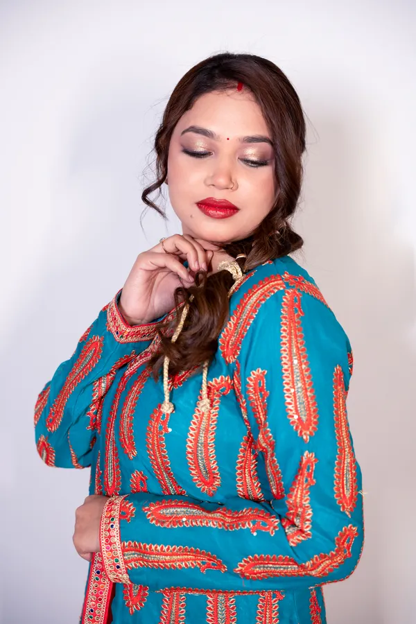 Turquoise_Blue_&_Red_Women_Embroidered_Ethnic_Kurti_With_Red_Sharara_Set