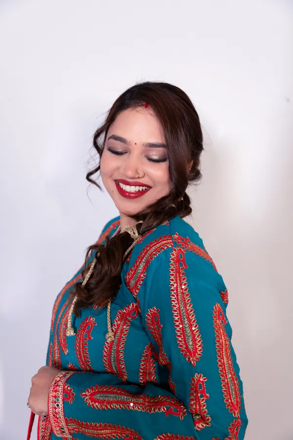 Turquoise_Blue_&_Red_Women_Embroidered_Ethnic_Kurti_With_Red_Sharara_Set