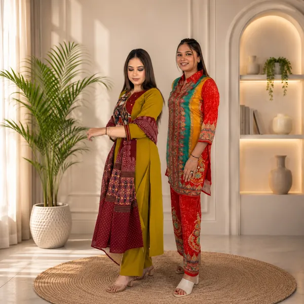 Multicolour_Ethnic_Kurta_Set_With_Ajrakh_Print_Dupatta_And_Embroidered_Ethnic_Suit_Set_With_Jacket_And_Pants_Combo_Pack_Of_2