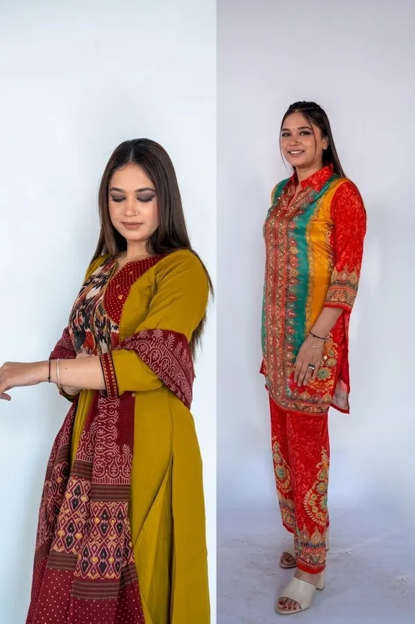 Multicolour_Ethnic_Kurta_Set_With_Ajrakh_Print_Dupatta_And_Embroidered_Ethnic_Suit_Set_With_Jacket_And_Pants_Combo_Pack_Of_2
