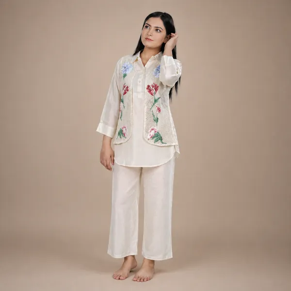White_Women_Embroidered_Ethnic_Suit_Set_With_Floral_Vest