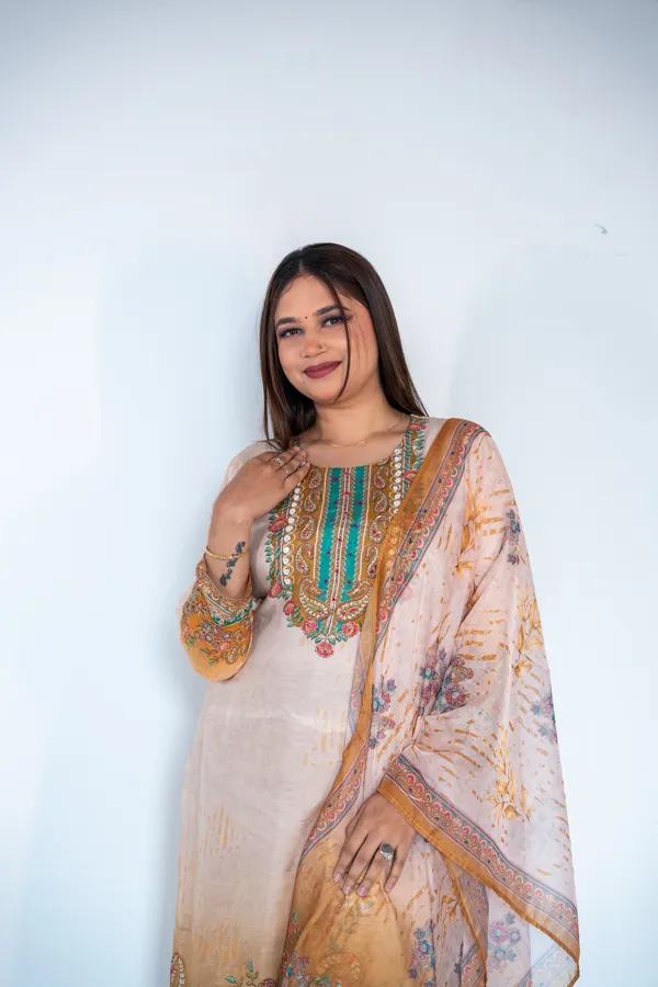Peach_&_Mustard_Yellow_Elegant_Floral_Embroidered_Ethnic_Suit_Set_With_Dupatta