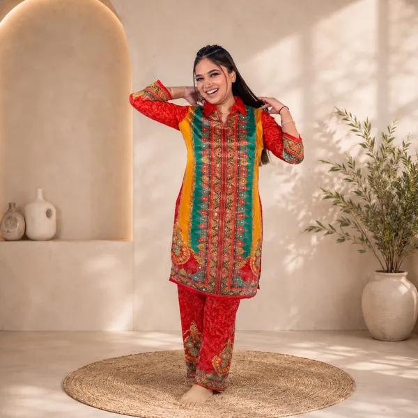Multicolour_Embroidered_Ethnic_Suit_Set_With_Red_Jacket_And_Pants