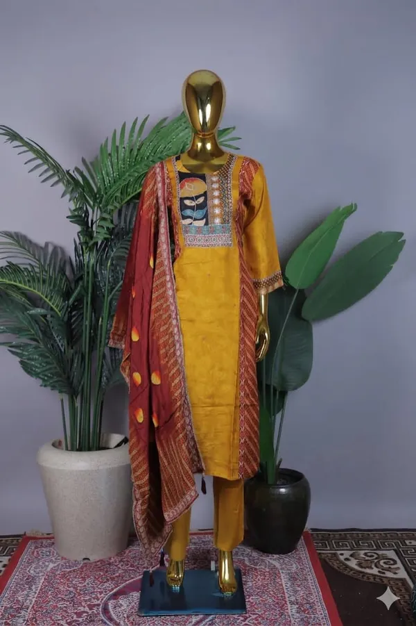 Mustard_Yellow_Ethnic_Suit_Set_With_Embroidered_Yoke_And_Printed_Dupatta