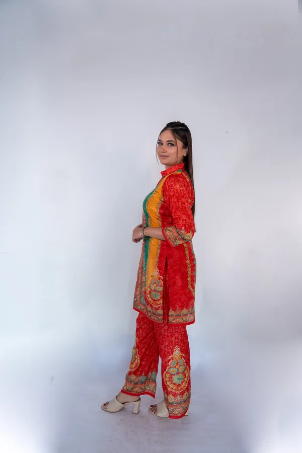Multicolour_Embroidered_Ethnic_Suit_Set_With_Red_Jacket_And_Pants