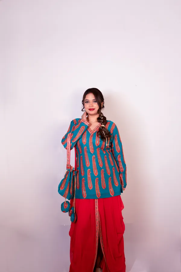 Turquoise_Blue_&_Red_Women_Embroidered_Ethnic_Kurti_With_Red_Sharara_Set