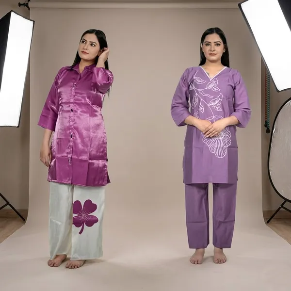 Multicolour_Embroidered_Cotton_Night_Suit_For_Women_And_Women_Kurta_With_Floral_Print_Palazzo_Set_Combo_Pack_Of_2