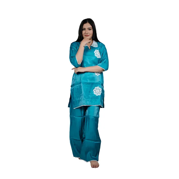 Multicolour_Embellished_Silk_Kurta_Set_With_Dupatta_And_Women_Night_Suit_With_Lace_Detailing_Combo_Pack_Of_2