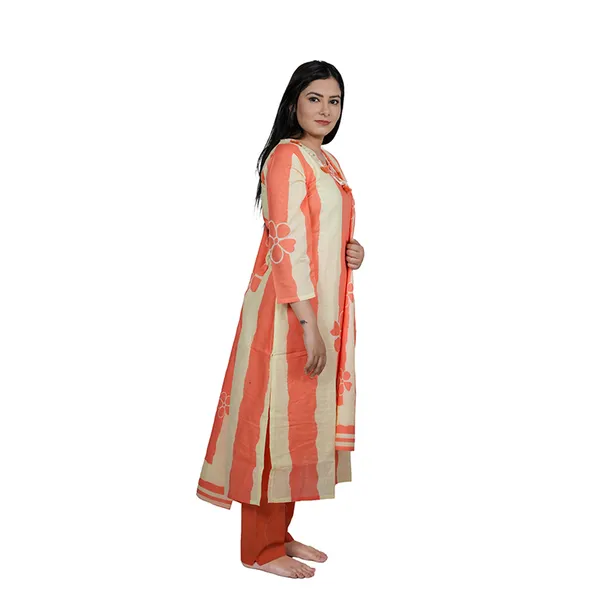 Coral_And_Beige_Women_Striped_Kurta_Dupatta_Set_With_Embroidery