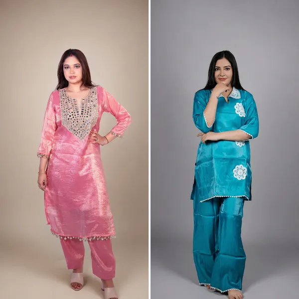 Multicolour_Embellished_Silk_Kurta_Set_With_Dupatta_And_Women_Night_Suit_With_Lace_Detailing_Combo_Pack_Of_2