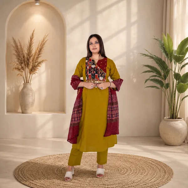 Mustard_Yellow_Kurta_Set_With_Maroon_Ajrakh_Printed_Dupatta