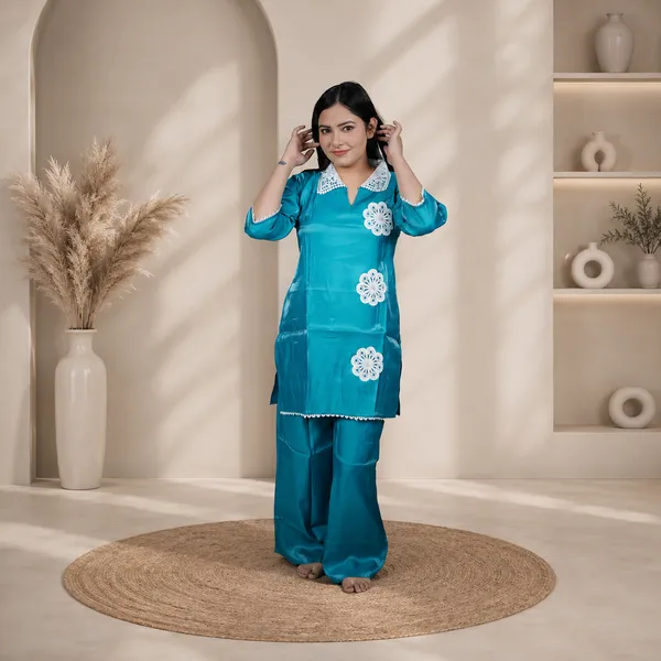 Turquoise_Women_Satin_Night_Suit_With_White_Lace_Detailing