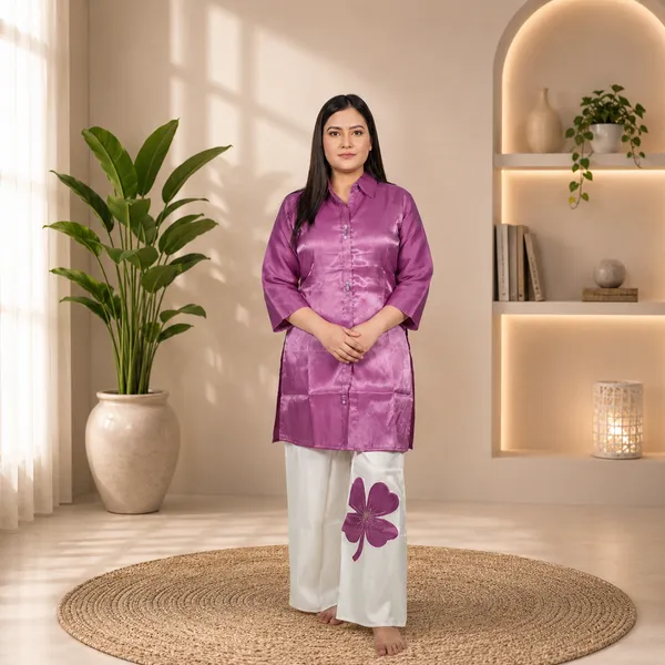 Purple_&_White_Women_Satin_Kurta_With_White_Floral_Print_Palazzo_Set